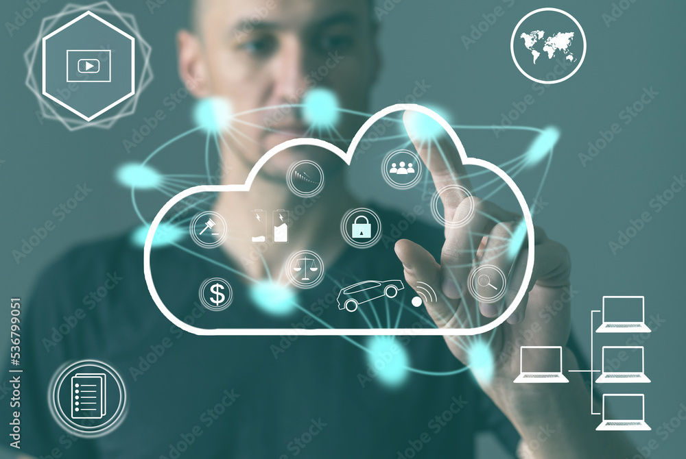 Poster businessman using modern computer, pressing button on virtual screen. cloud technology and networking concept.