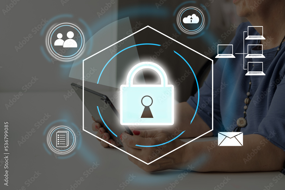 Poster cybersecurity concept global network security technology, business people protect personal informati