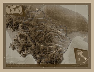 Basilicata, Italy. Sepia. Labelled points of cities
