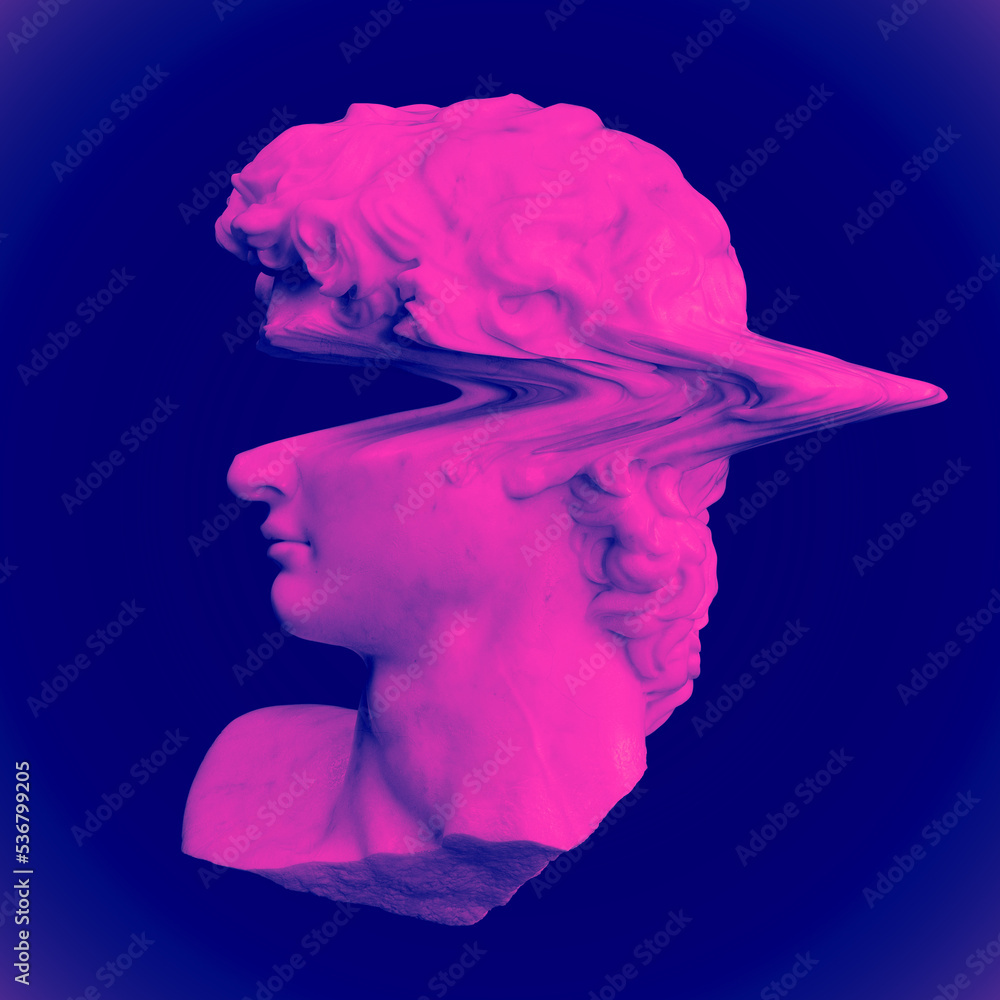 Poster digital concept illustration from 3d rendering of broken and glitched marble male classical head sid