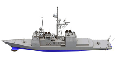 Naklejka premium Military Vessel Missile Cruiser warship 3D rendering on white background