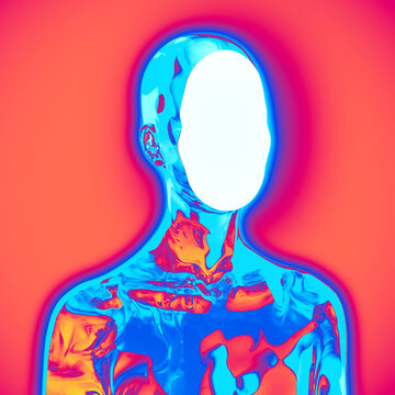 Abstract creative illustration from 3D rendering of colorful female bust figure with flat anonymous face isolated on psychedelic background in vaporwave style colors. 