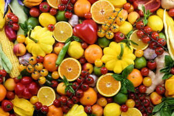 Fresh ripe bright colorful fruits and vegetables from market, summer farm harvest background, healthy diet vegetarian food
