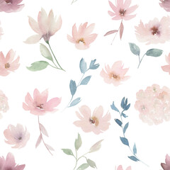 Watercolor seamless pattern. Floral illustration. Hand drawn  print on white background