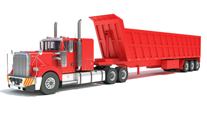 Red Truck with Tipper Trailer 3D rendering on white background
