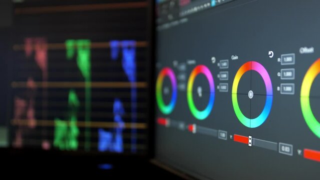4K Color Correction Post Production video or photo in Progress Closeup. Video Post Production, video production, computer monitor TV video editor. Vectorscope, RSL parade, color circles and histograms