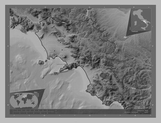 Campania, Italy. Grayscale. Labelled points of cities