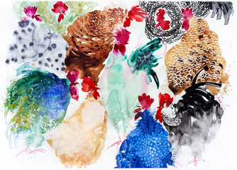 Roosters in the poultry yard. Bird farm. New rooster. Watercolor illustration. © Anna