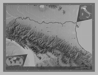 Emilia-Romagna, Italy. Grayscale. Labelled points of cities