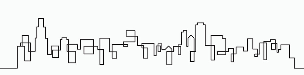 Modern City Skyline continuous outline drawing on white background.