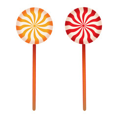 Christmas caramel sweet candies on a stick on a white background