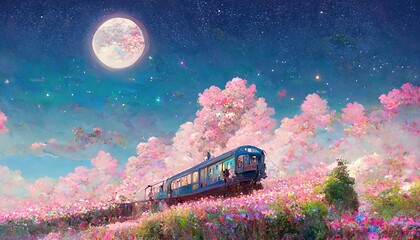 train in the night. fantasy. concept art. illustration. fantasy scenery