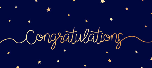 Fototapeta premium Golden congratulations line lettering banner. Text congrats and stars. Vector handwritten element for anniversary, birthday party, christmas new year, graduate cards