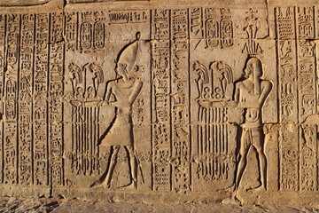 Amazing ancient egyptian carvings and hieroglyphics at Kom Ombo temple in Aswan 