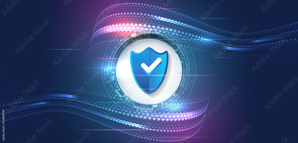 Poster Cyber security and data protection. Shield icon, future technology for verification. Abstract high tech background. Data security system, information, or network protection.