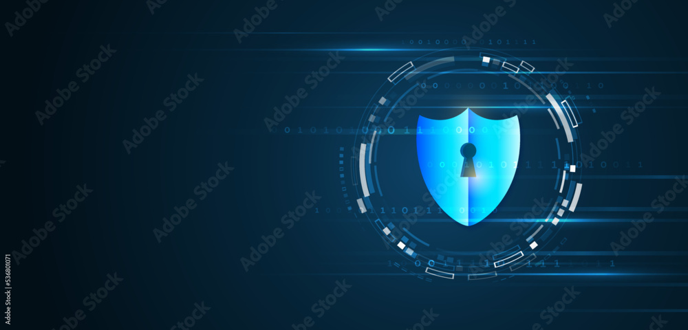 Poster Data security system, information, or network protection. Cyber security and data protection. Shield icon, future technology for verification. Abstract high tech background.