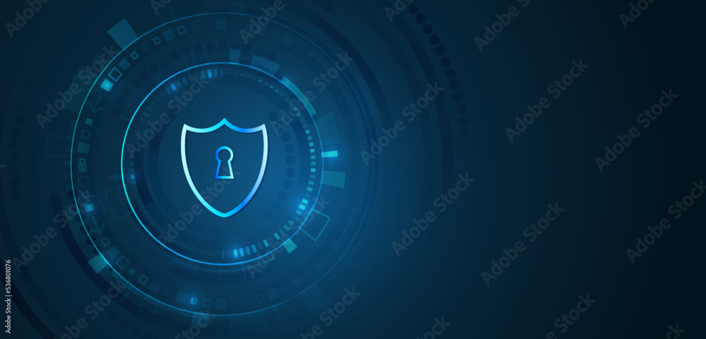 Poster Shield icon, future technology for verification. Abstract high tech background. Data security system, information, or network protection. Cyber security and data protection.