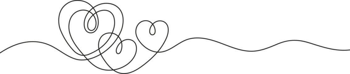 Continuous line hearts. Valentine day heart love, outline scribble minimalist romantic banner. Relationship and family tidy vector symbols