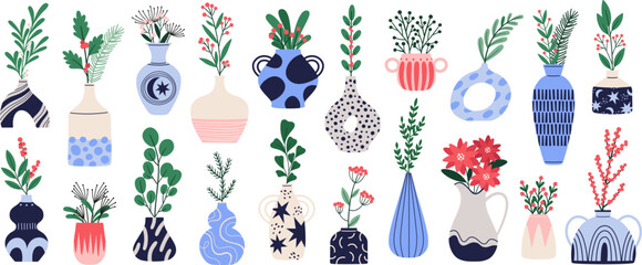 Winter holiday flower bouquets. Plants in vases, boho decorative home design elements. Isolated blue blossom branches, racy rustic vector collection