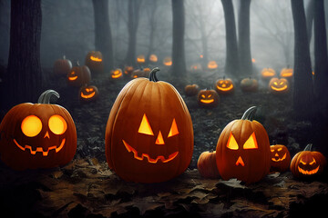 Smiling pumpkins with glowing eyes over dry leaves in spooky Halloween forest at foggy night. Generative AI illustration