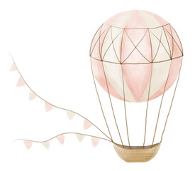 Watercolor pink Hot Air Balloon. Hand drawn illustration of cute aircraft with beige pastel basket for kids design. Drawing on transparent background