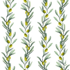 Seamless pattern with Olive branch and green fruit. Watercolor hand drawn background for textile design or Oil label