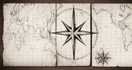 Vintage world map and compass rose background from 18th century