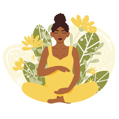 Beautiful pregnant black woman meditating and hugs her belly. Flat cartoon vector illustration. Concept of healthy pregnancy, motherhood and prenatal yoga