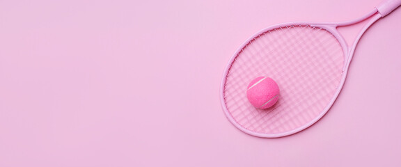 Pink tennis racket and pink ball on pink background. Horizontal sport theme poster, greeting cards, headers, website and app.