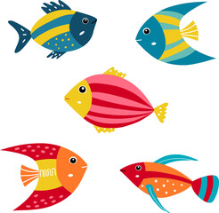 Fototapeta premium Cute cartoon aquarium fish. Set of tropical marine fishes. Baby kids collection