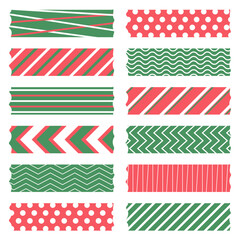 Cute Christmas and happy new year washi tape strips stickers. Stationary scrapbooking set. Vector illustration.