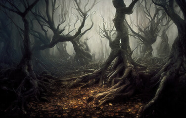 Fototapeta premium Evil crooked trees deep in fantasy forest with twisted roots and bare branches, foggy eerie landscape, generative AI illustration