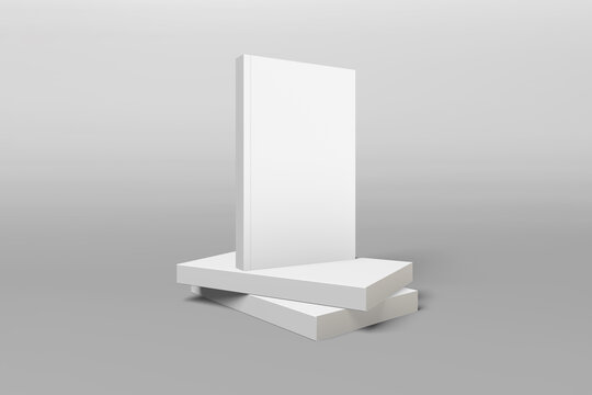 isolated on gray background. 2 horizontal 1 vertical standing white cover book mockup.