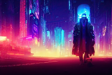 Robotic man under a coat in a metropolis at night. In the distance, neon and ultraviolet lights illuminate skyscrapers