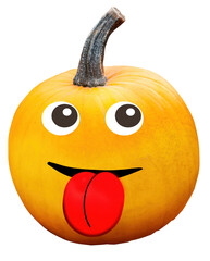Pumpkin with eyes and mouth and red tongue sticking out