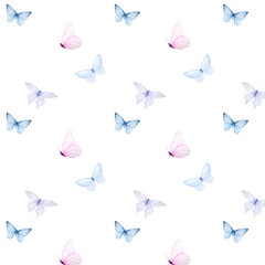 Watercolor minimalistic pattern of tender blue and pink butterflies isolated