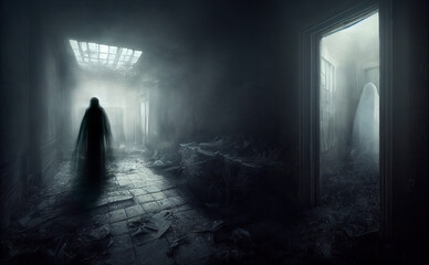 Spooky ghosts in a dark corridor of haunted house, creepy horror story atmosphere, generative AI illustration - obrazy, fototapety, plakaty