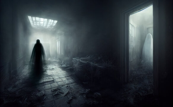 Spooky ghosts in a dark corridor of haunted house, creepy horror story atmosphere, generative AI illustration