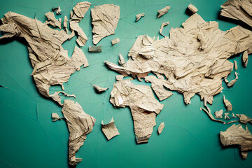 World map made of wood and cardboard, ecology and renewable energy