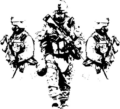 Black and White Army Art Ilustration, standing with complete uniform