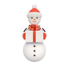 Isolated snowman holding a gift. 3d illustration.