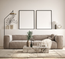 mock up poster frame in modern interior background, living room, Contemporay style, 3D render, 3D illustration
