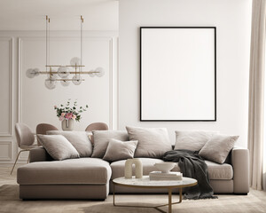 mock up poster frame in modern interior background, living room, Contemporay style, 3D render, 3D illustration