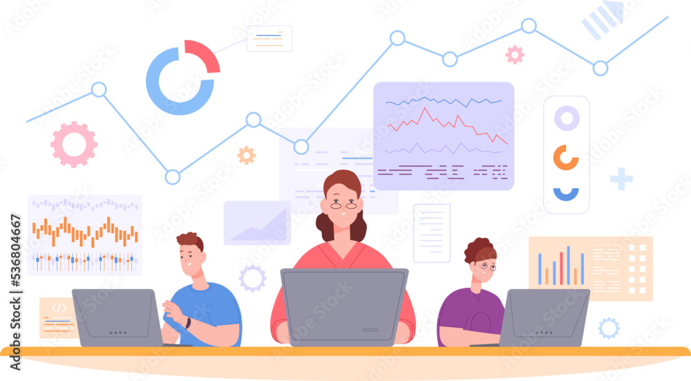 Poster data analysts team. analytics computer work, audit report operations software architect engineers st
