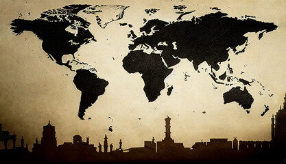 Urban world map with urban skyline going around the world, for poster and decoration