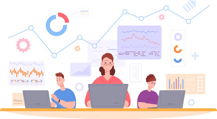 Data analysts team. Analytics computer work, audit report operations software architect engineers statistic scientists online research business team management vector illustration