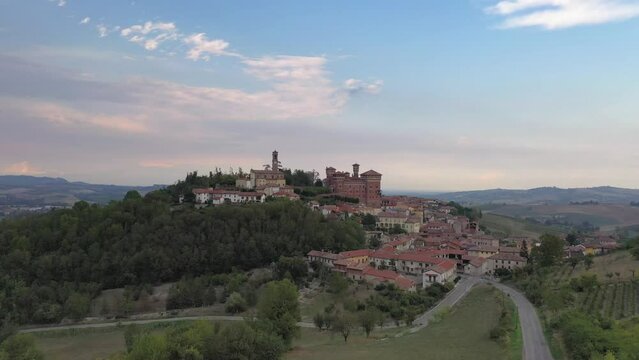 Panoramic drone video over Castello Cereseto in Piedmont from vineyard