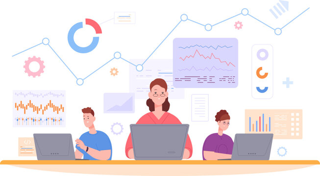 Data analysts team. Analytics computer work, audit report operations software architect engineers statistic scientists online research business team management vector illustration