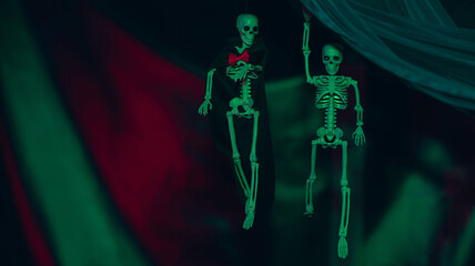 Halloween party decoration. Two horror skeletons hanging from the blue cloth  on a red and green  background in a dark room at night.
