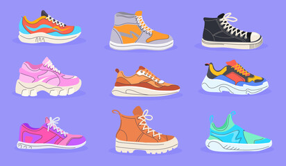 Cartoon athletic footwears. Doodle sneakers shoelaces design, sport boots for run trekking hiking fitness gym jogging fashion bright shoes activewear pair, neat vector illustration